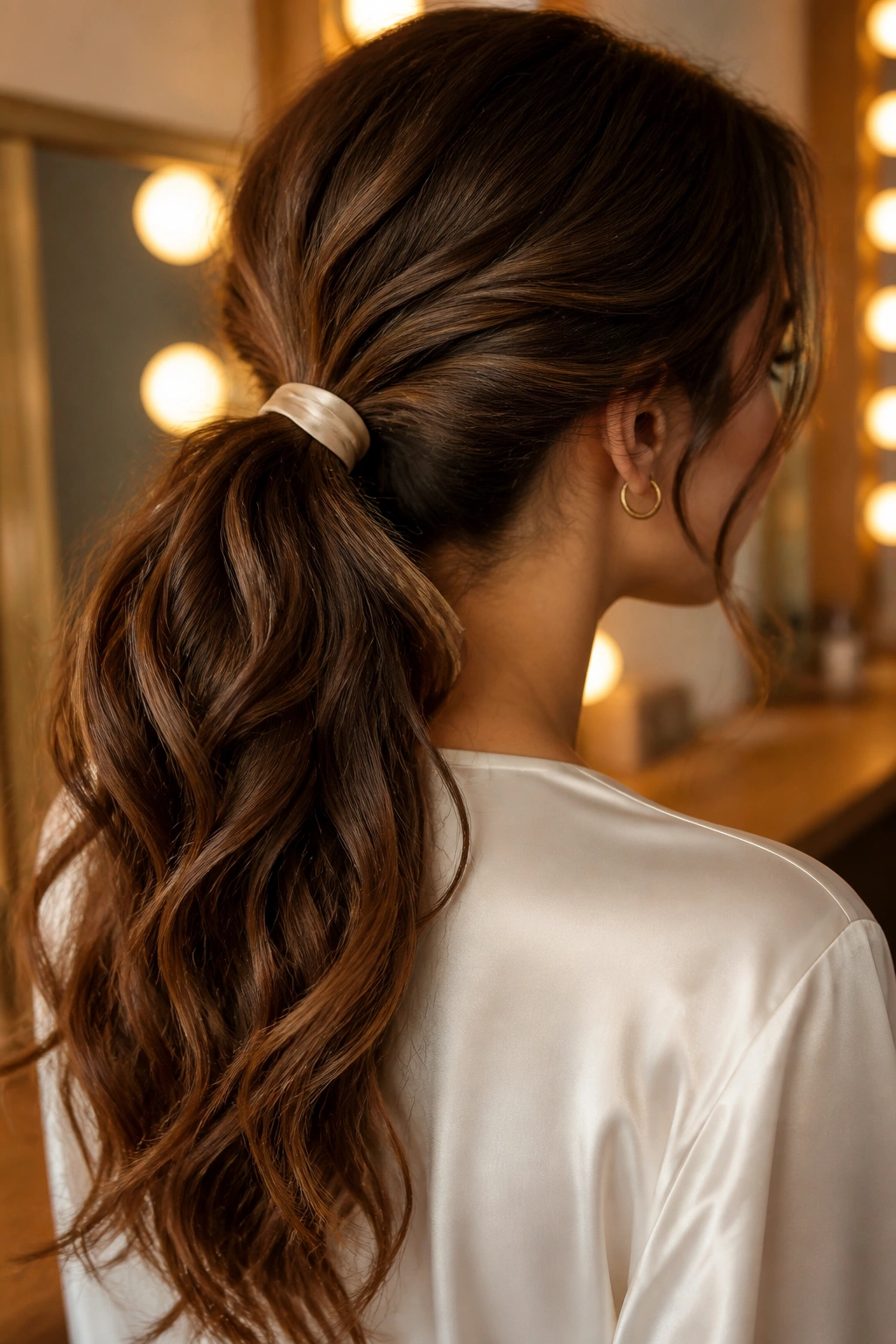Close-up of a real woman with a satin ribbon wrapped ponytail and waves