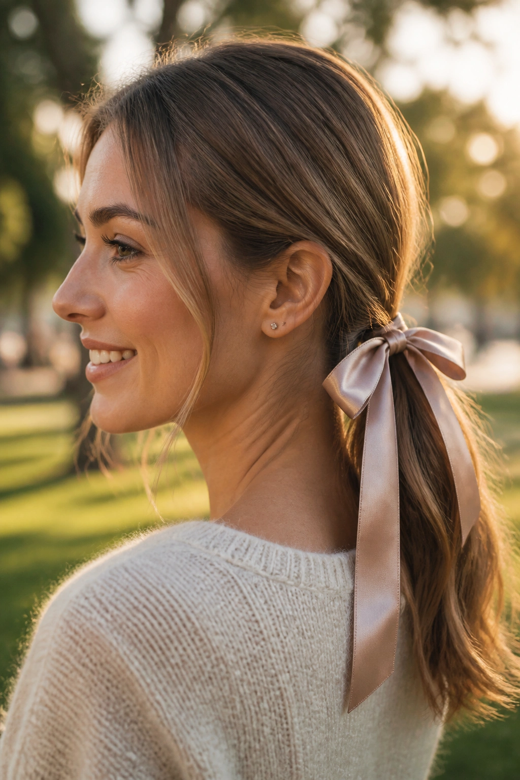 Close-up of a real woman with a ribbon-adorned ponytail in golden hour light