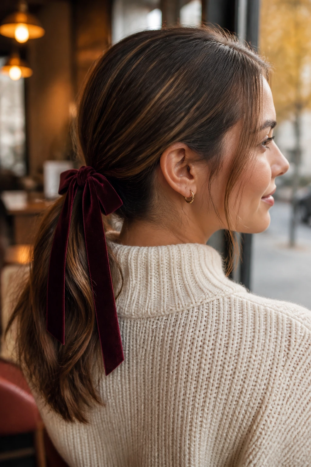 Close-up of Ribbon-Tied Ponytail on a real woman with velvet ribbon at the base in warm cafe light