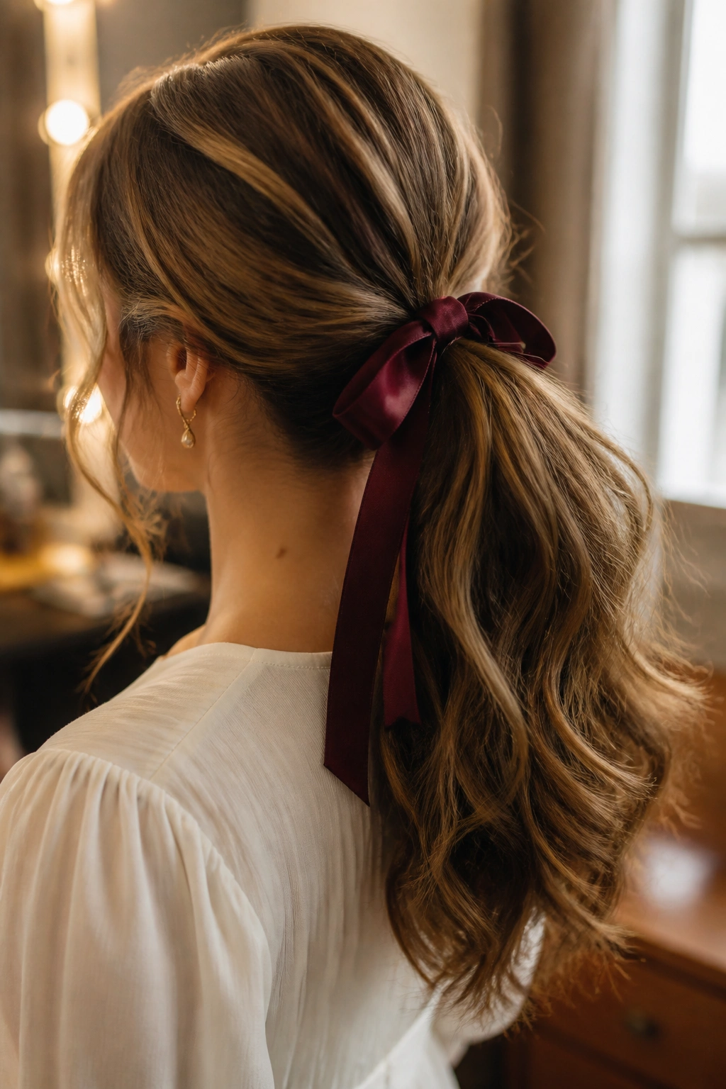 Close-up portrait of a real woman with a ribbon-tied soft volume ponytail