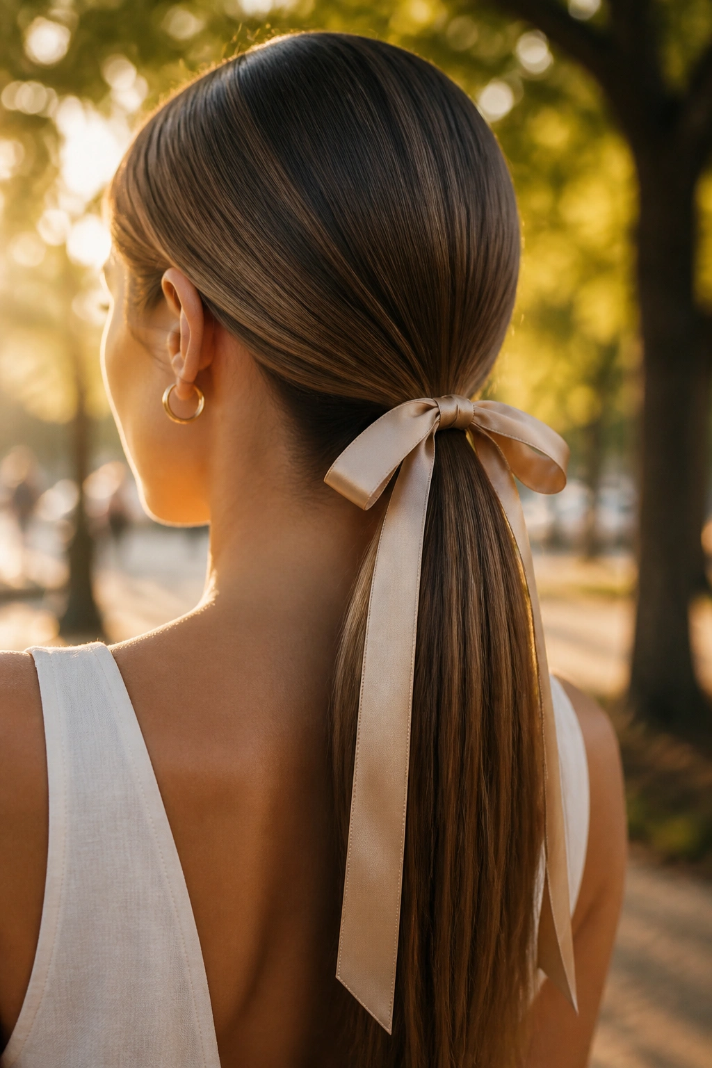 Close-up of a real woman with ribbon-tied sleek ponytail and satin ribbon around base