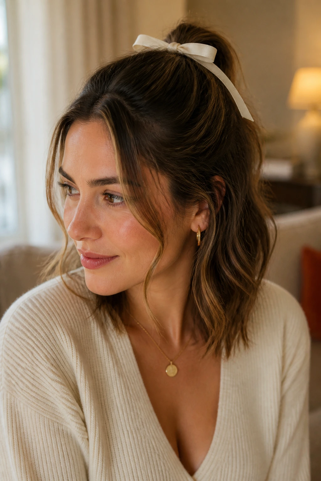 Close-up of a real woman with a ribbon-tied half-up hairstyle