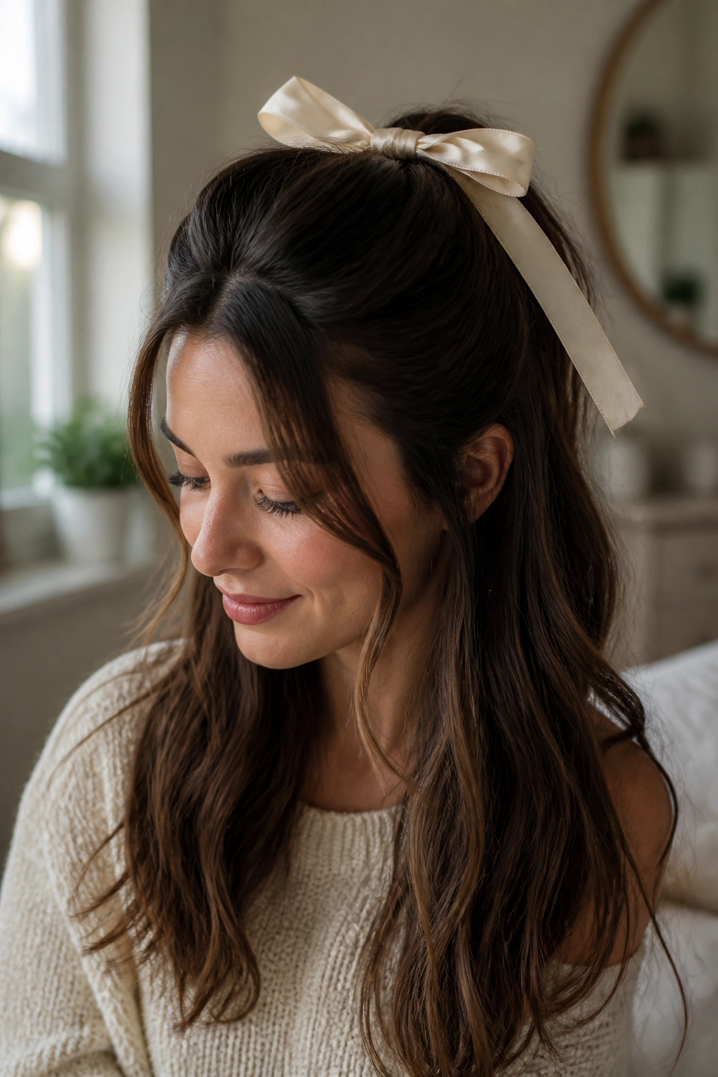 Real woman with ribbon-tied half-up hairstyle.