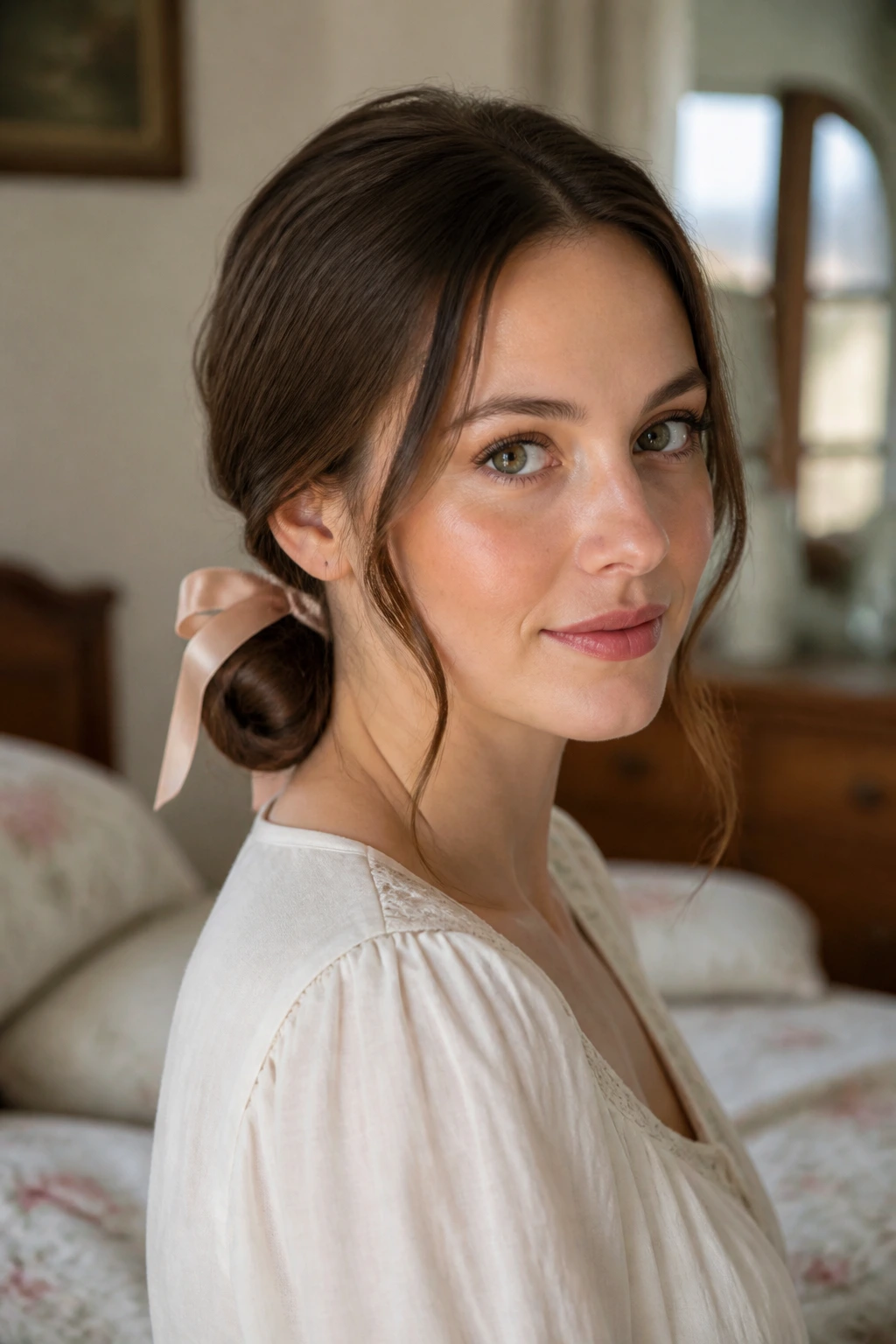 Woman with a ribbon-tied low knot at the nape.