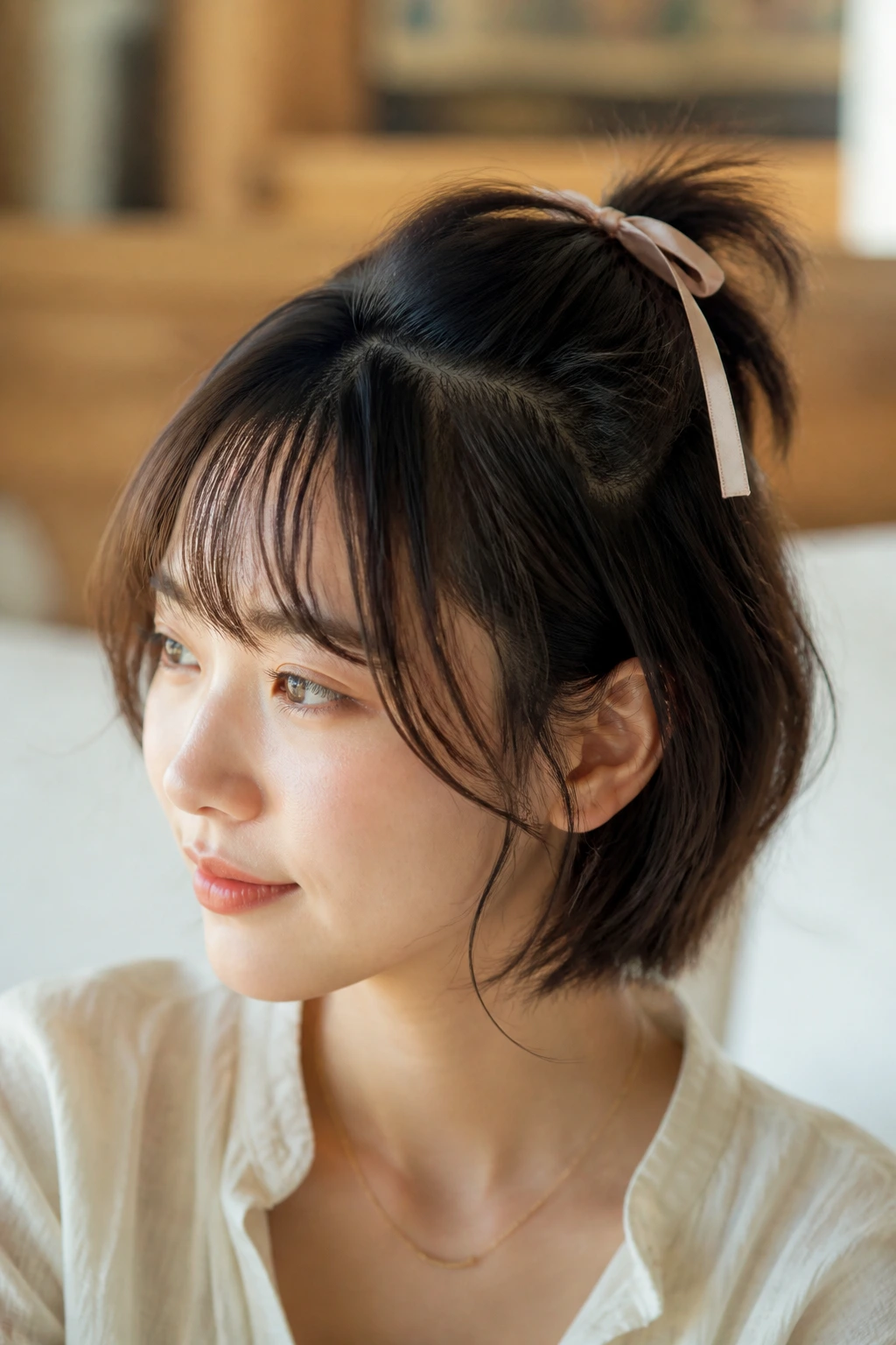 Close-up of a real person with short hair showing a ribbon-tied mini ponytail