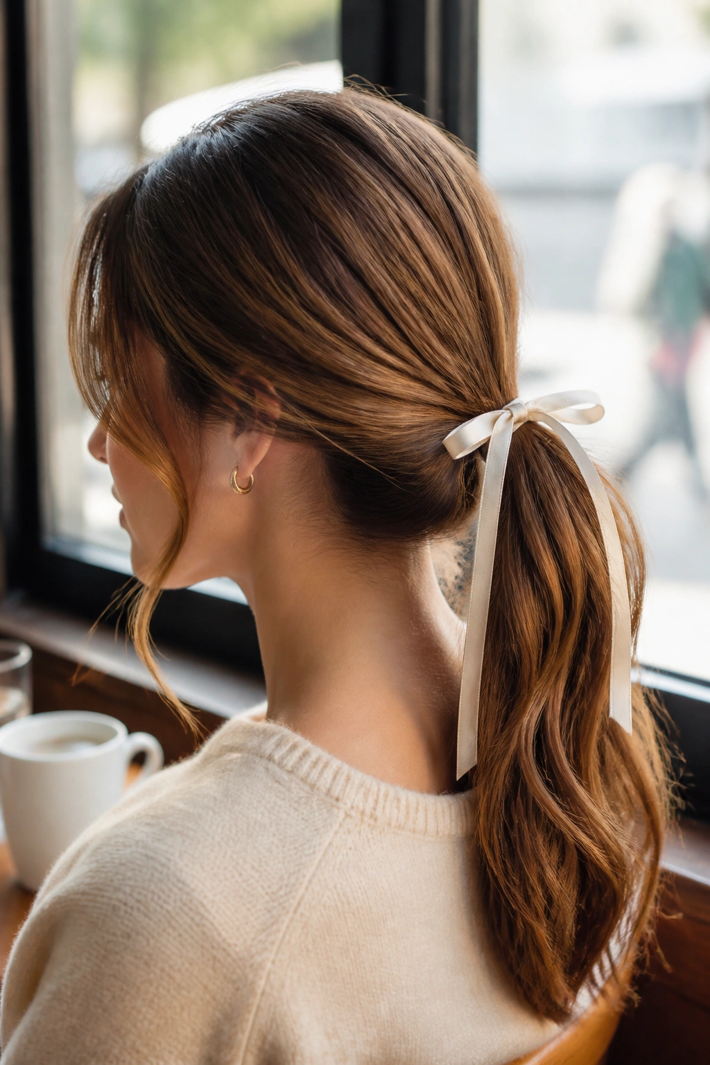 Close-up of a real woman with ribbon-tied ponytail at elastic.