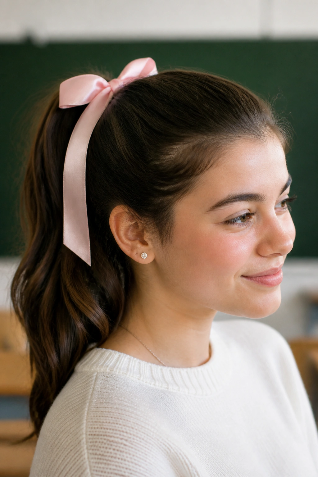 Close-up of a real person with a ribbon-tied ponytail in a classroom