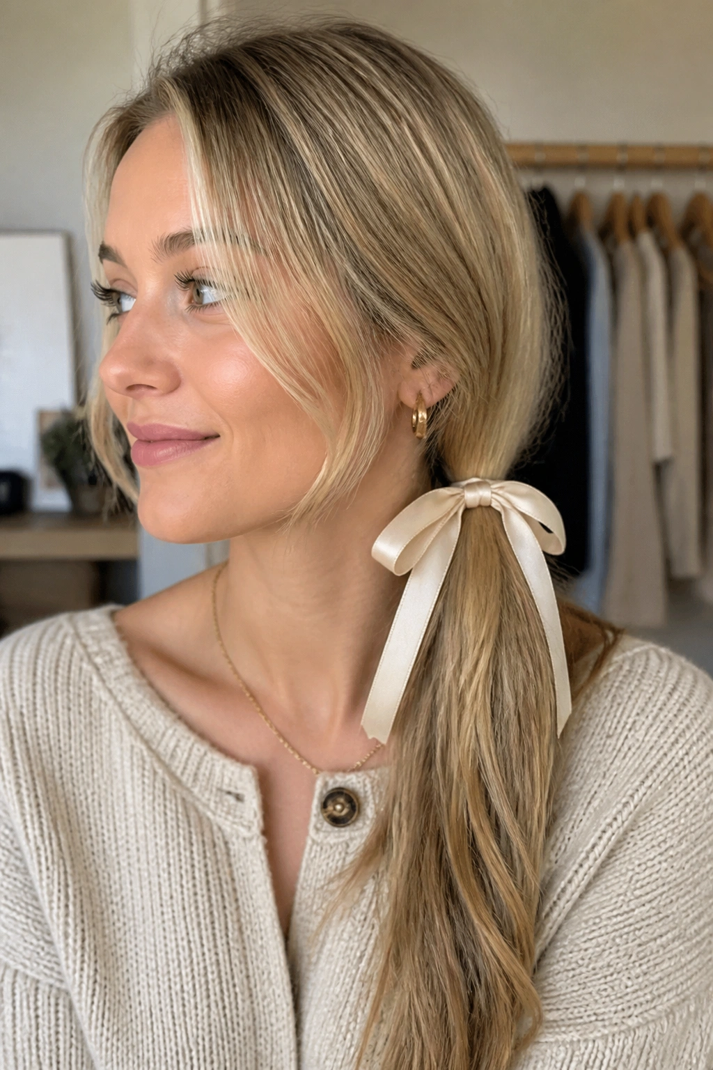 Close-up of a real woman with ribbon-tied side ponytail and bow framing the tail