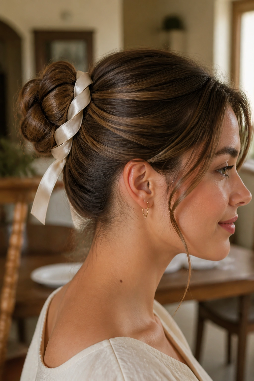 Ribbon-wrapped twist bun on a real woman, satin ribbon visible