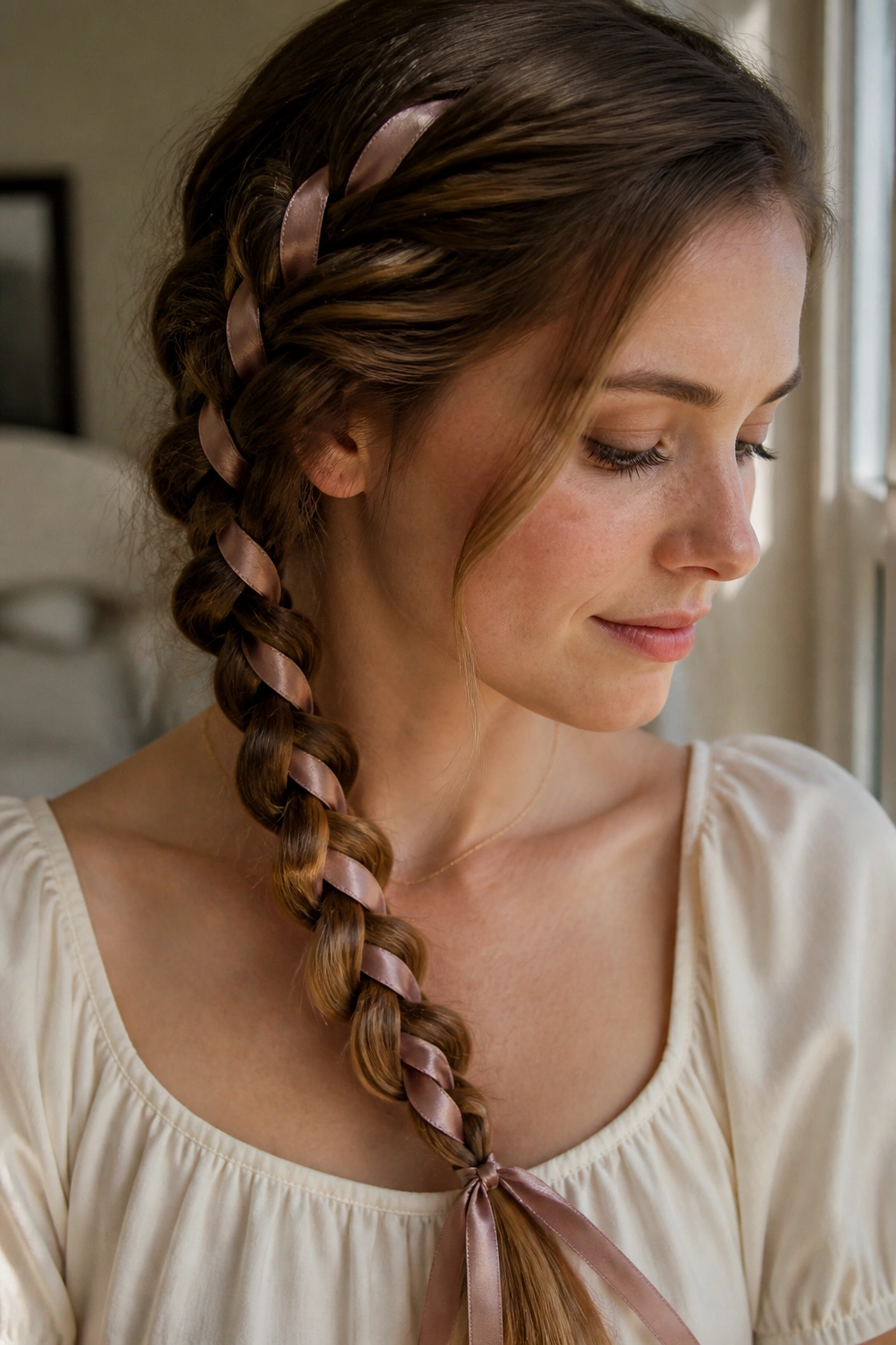 Close-up of ribbon-woven three-strand braid on a real woman