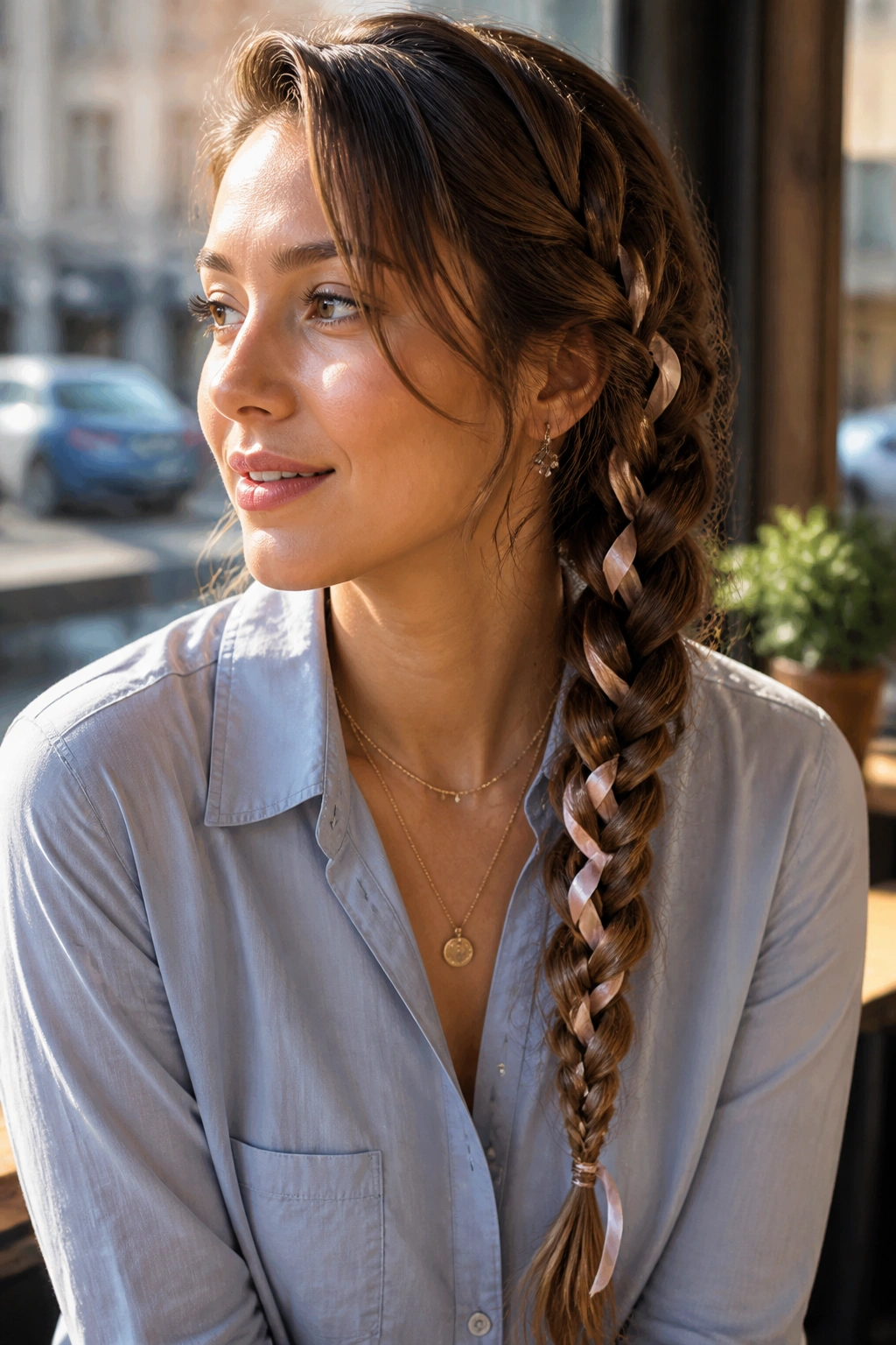 Close-up portrait of a woman with a ribbon-woven side braid on long hair