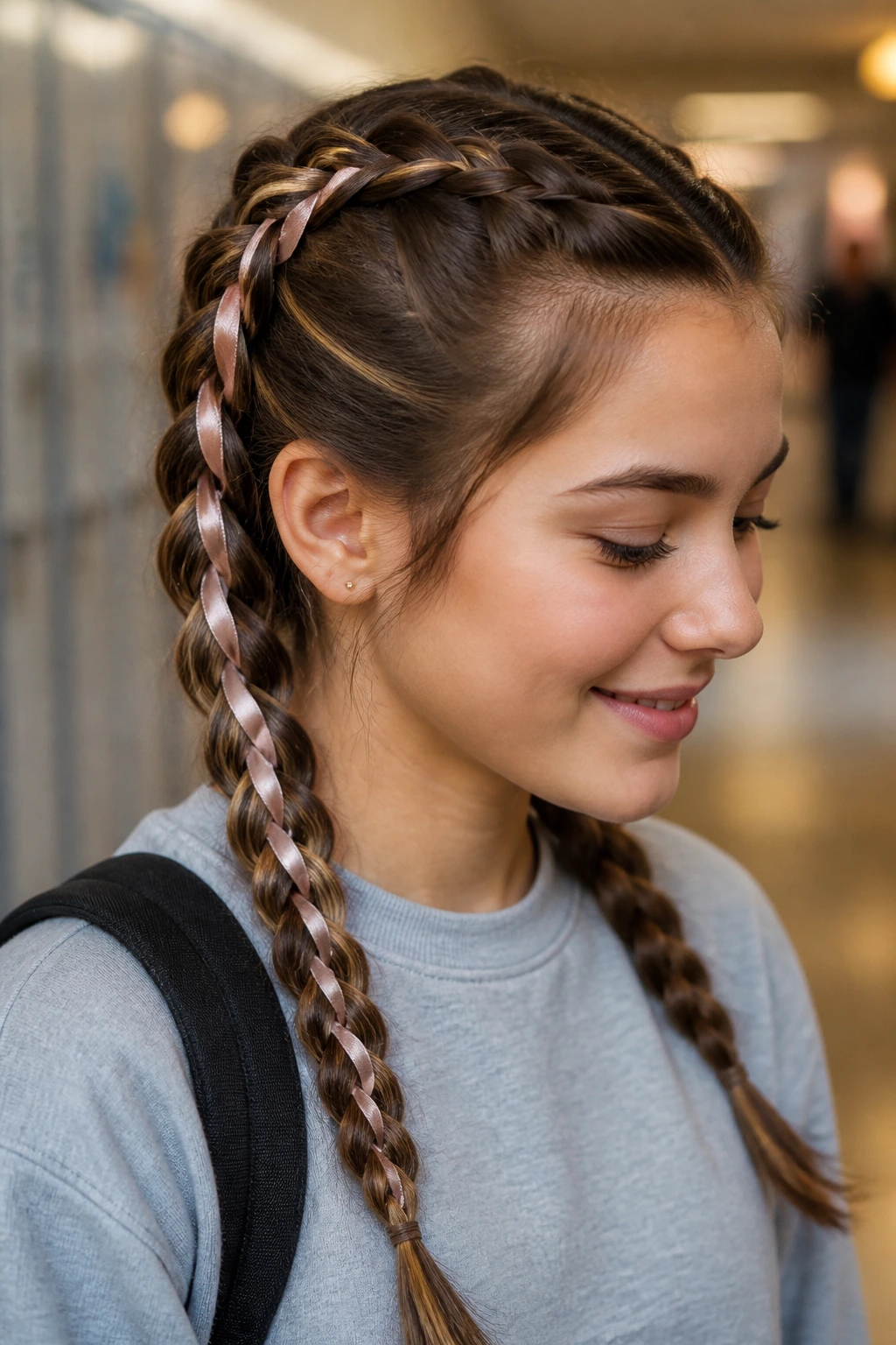 Close-up of two Dutch braids woven with a slim ribbon on a student