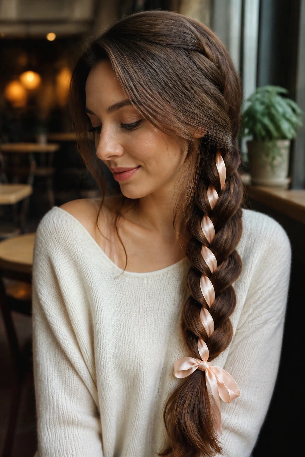 Close-up of a real woman with a ribbon-woven side braid