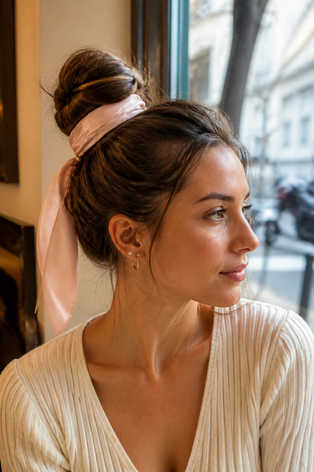 Close-up of a real woman wearing a bun wrapped with a long ribbon