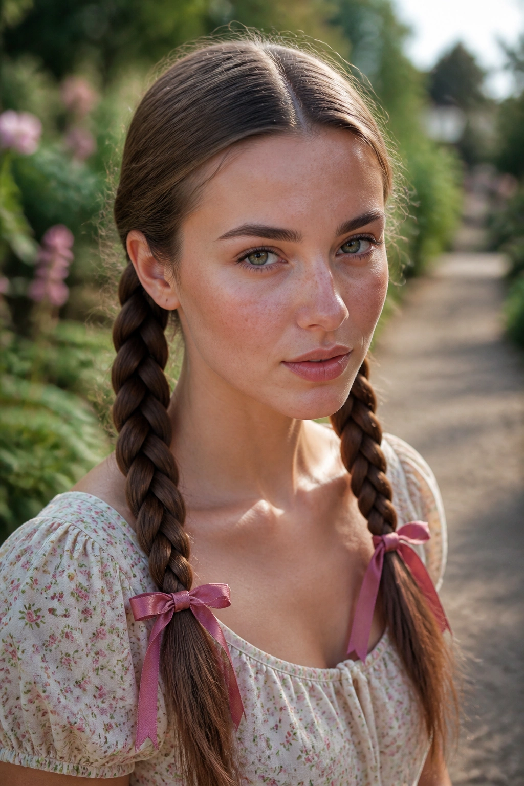 Close-up of a real woman with ribboned pigtail braids in daylight outdoors