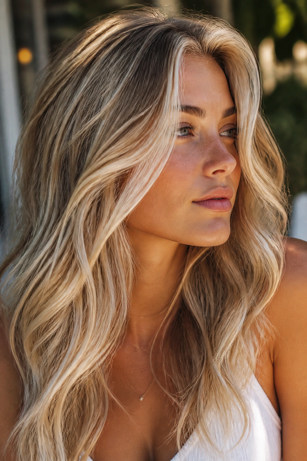 Close-up portrait with ribboned sunlit blonde around face