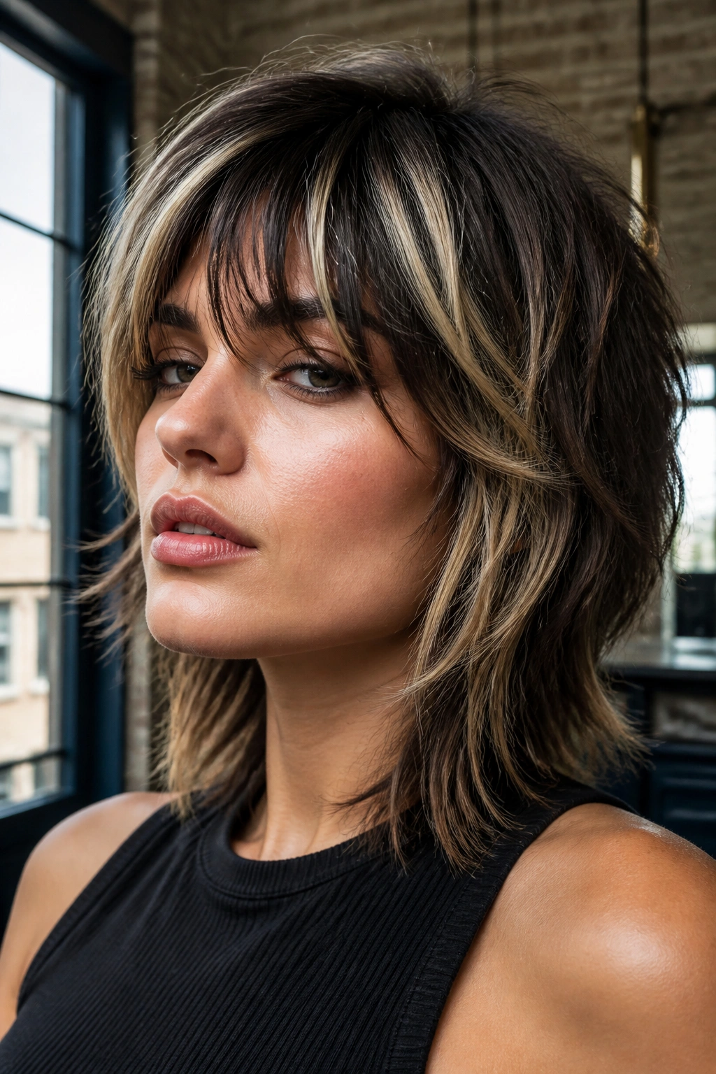 Close-up of shag hairstyle with chunky 90s ribbons around fringe and crown