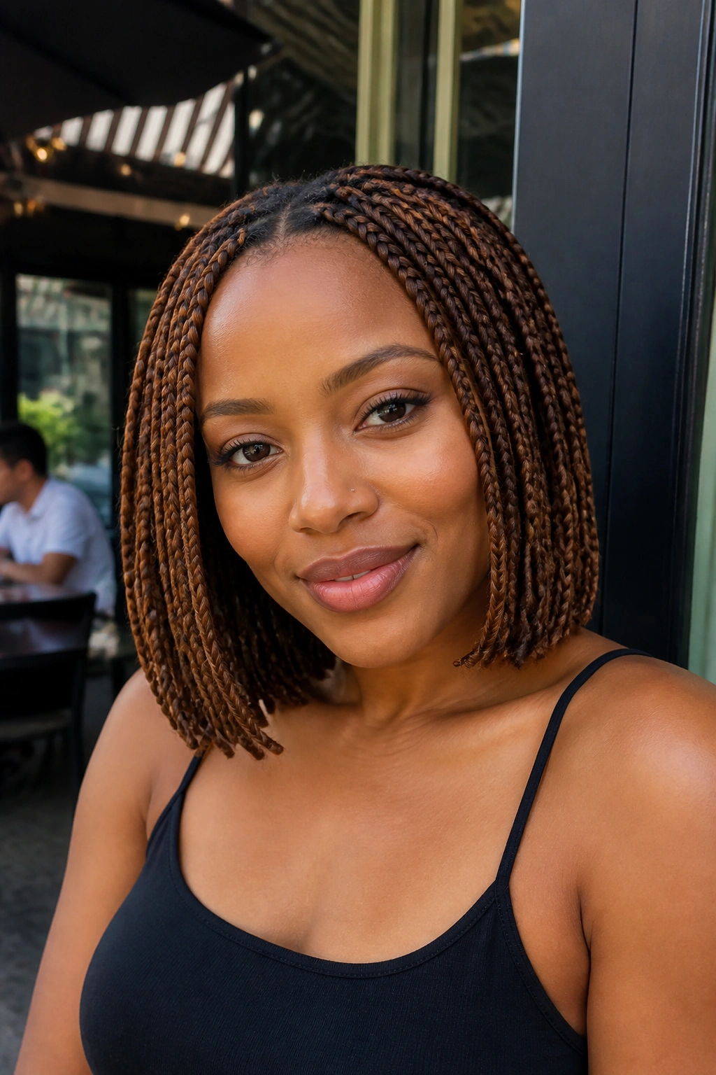 Close-up of woman with rich chestnut brown short box braids