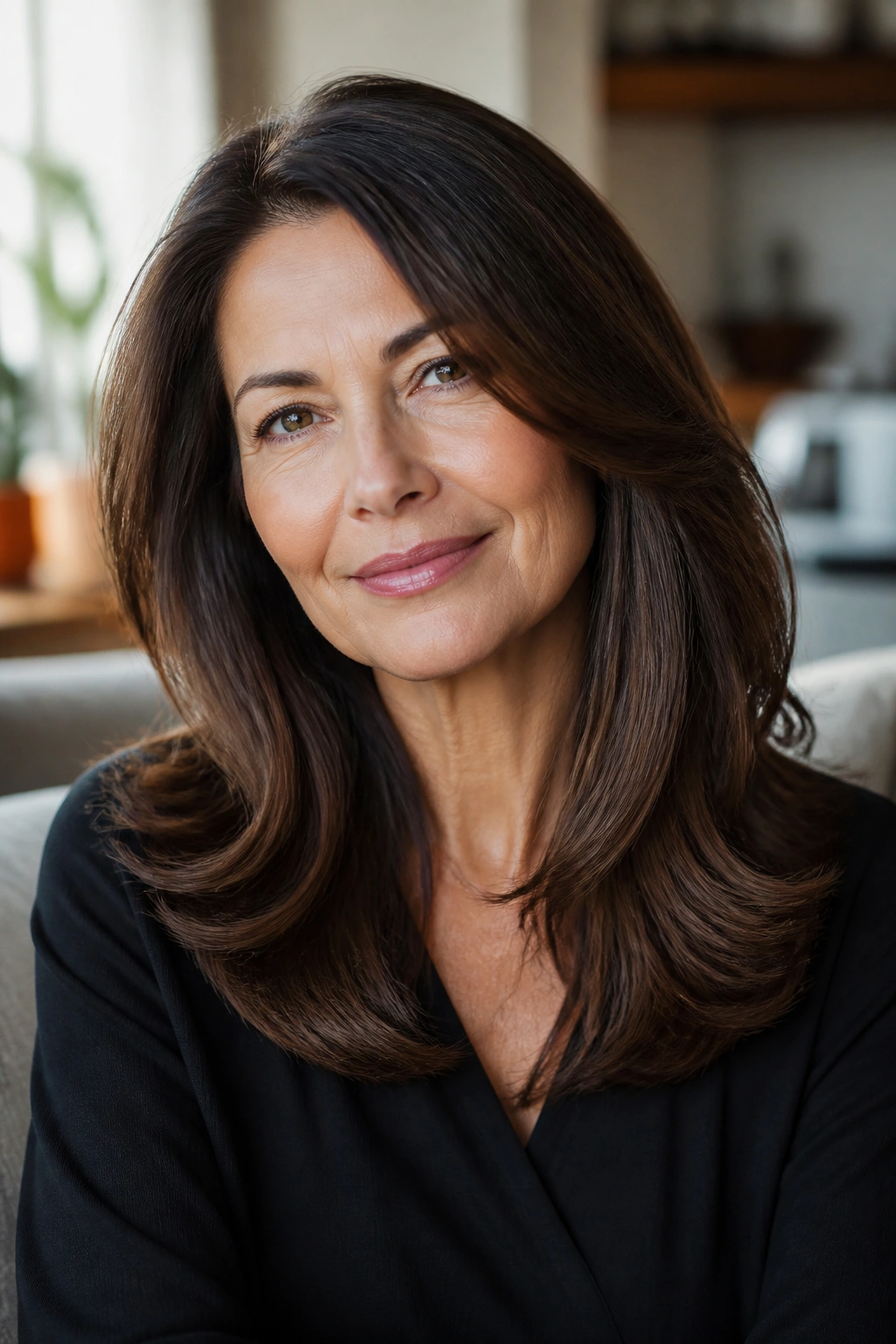 Close-up of a real woman with rich mocha brown hair and glossy finish