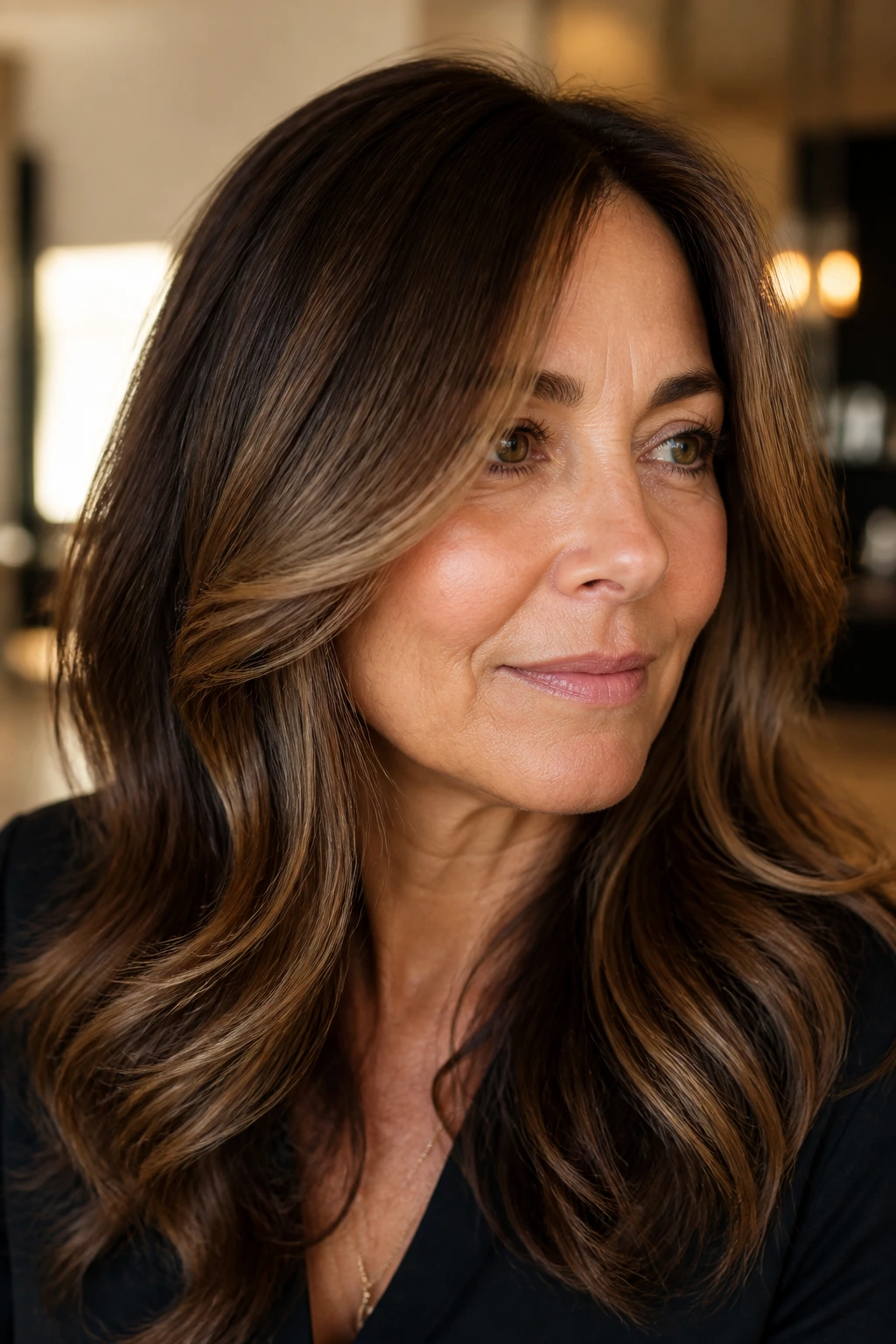 Close-up of a real woman with rich mocha base and curtain highlights framing the face