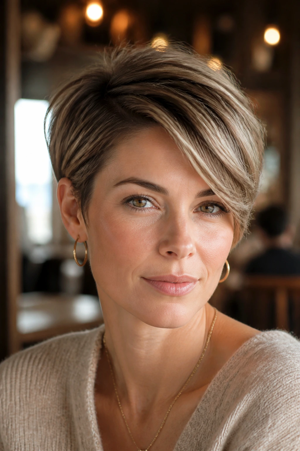 Close-up of a real woman with a right-part pixie and longer fringe