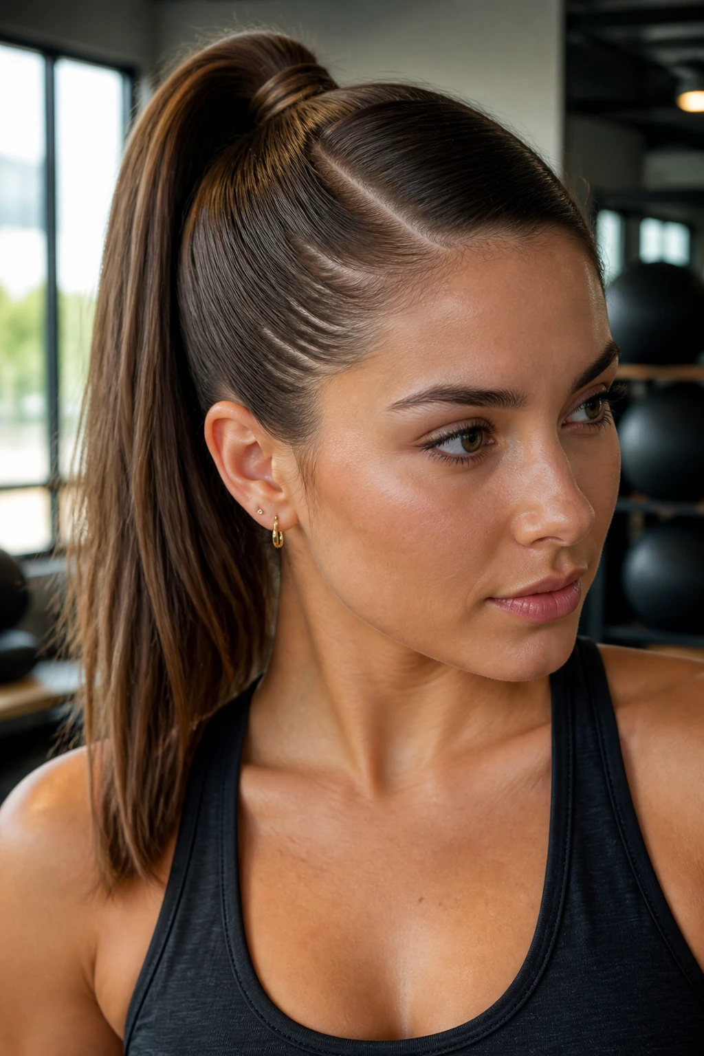 Close-up of a real woman with a right-part sleek high ponytail in a gym-like setting