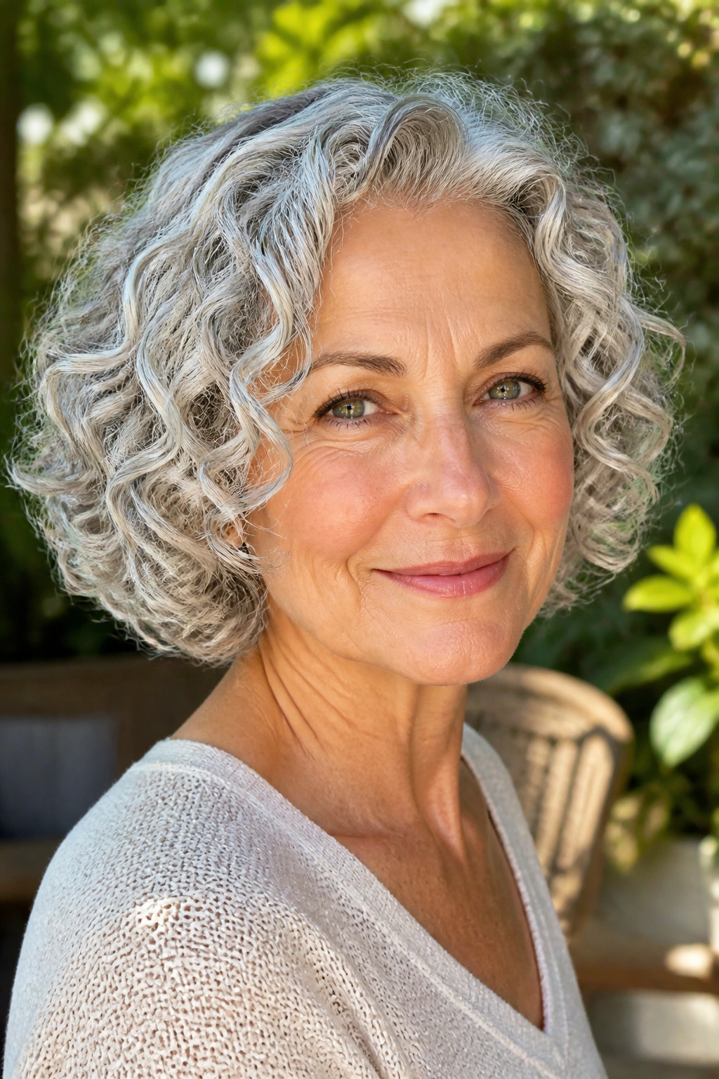 Older woman with soft ringlet bob and natural curls in garden light