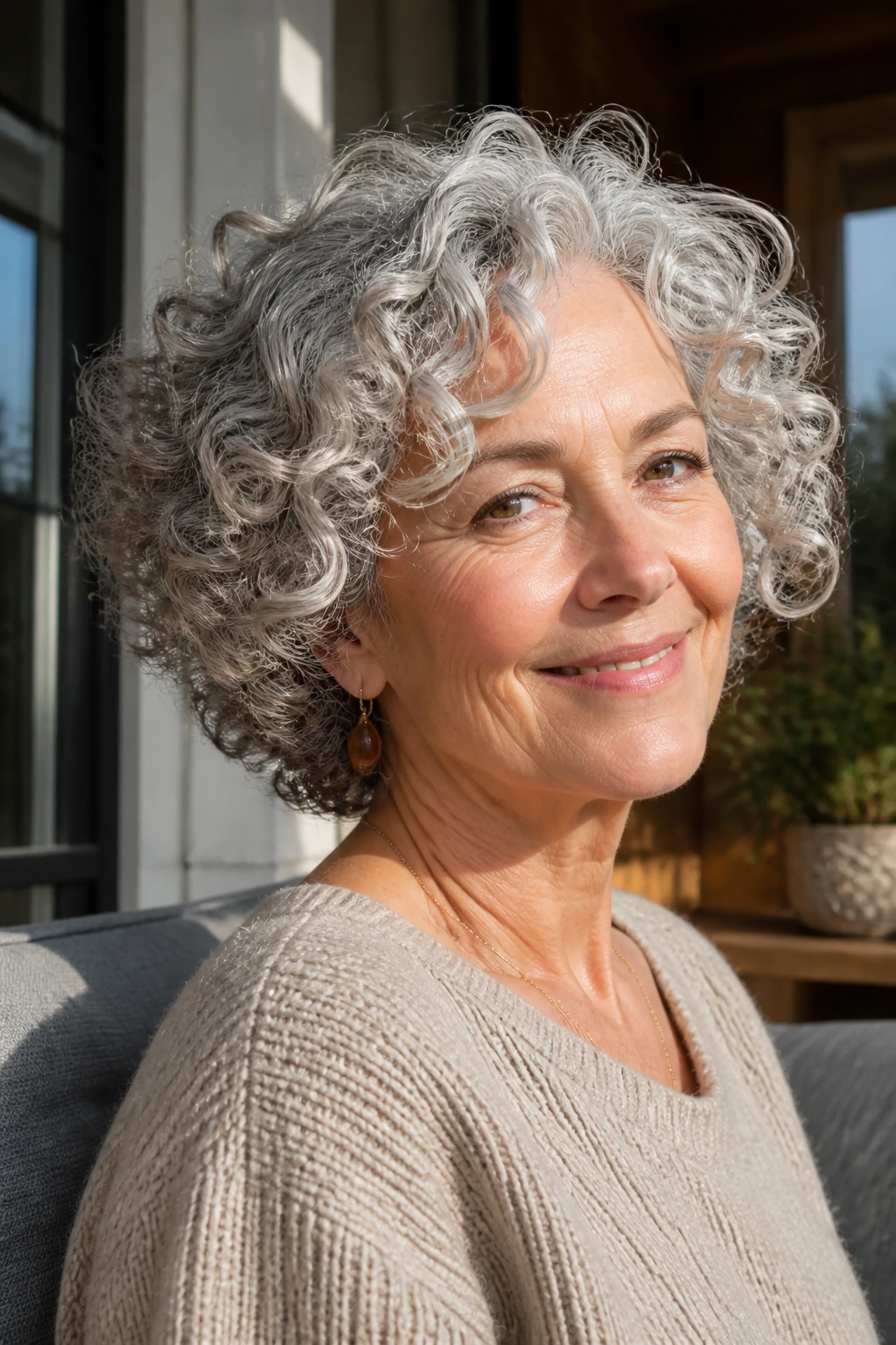 Close-up of an older woman with a low-maintenance ringlet cut and defined curls