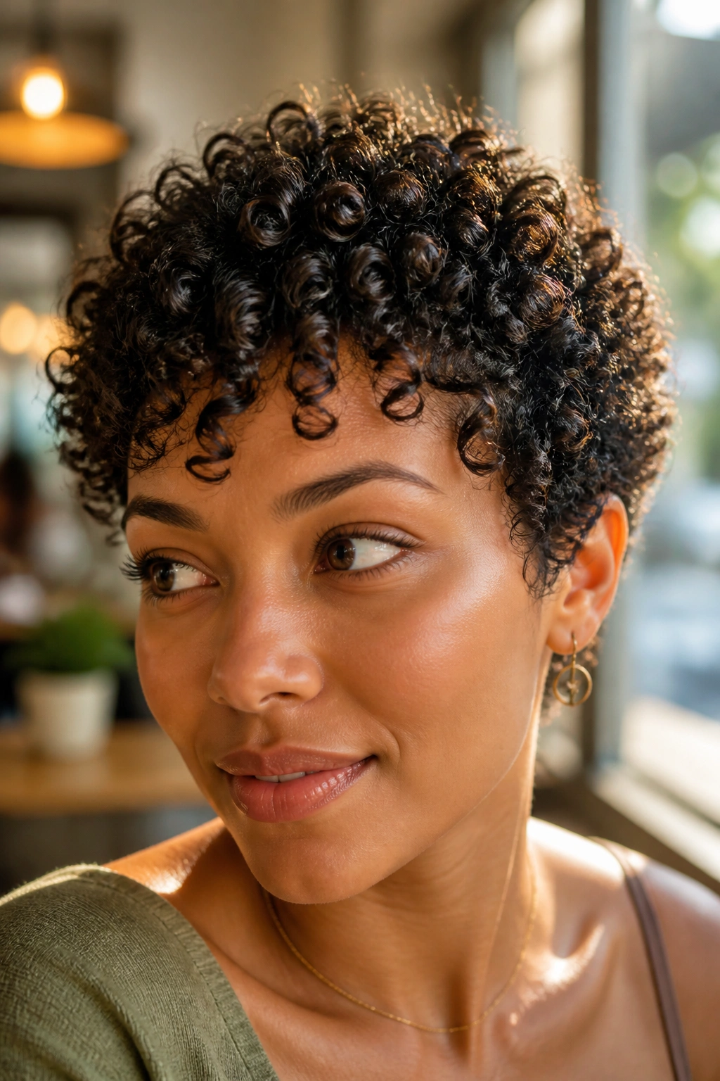 Close-up of a real person with clearly defined ringlet curls in a pixie.
