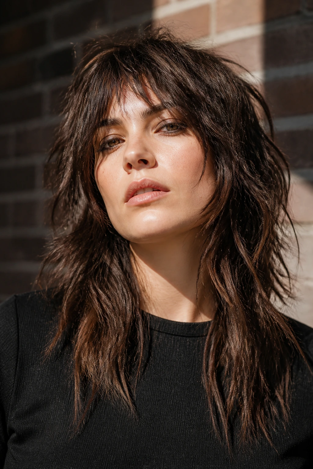 Close-up portrait of a real woman with rock-chic long shag and piecey ends in an urban setting