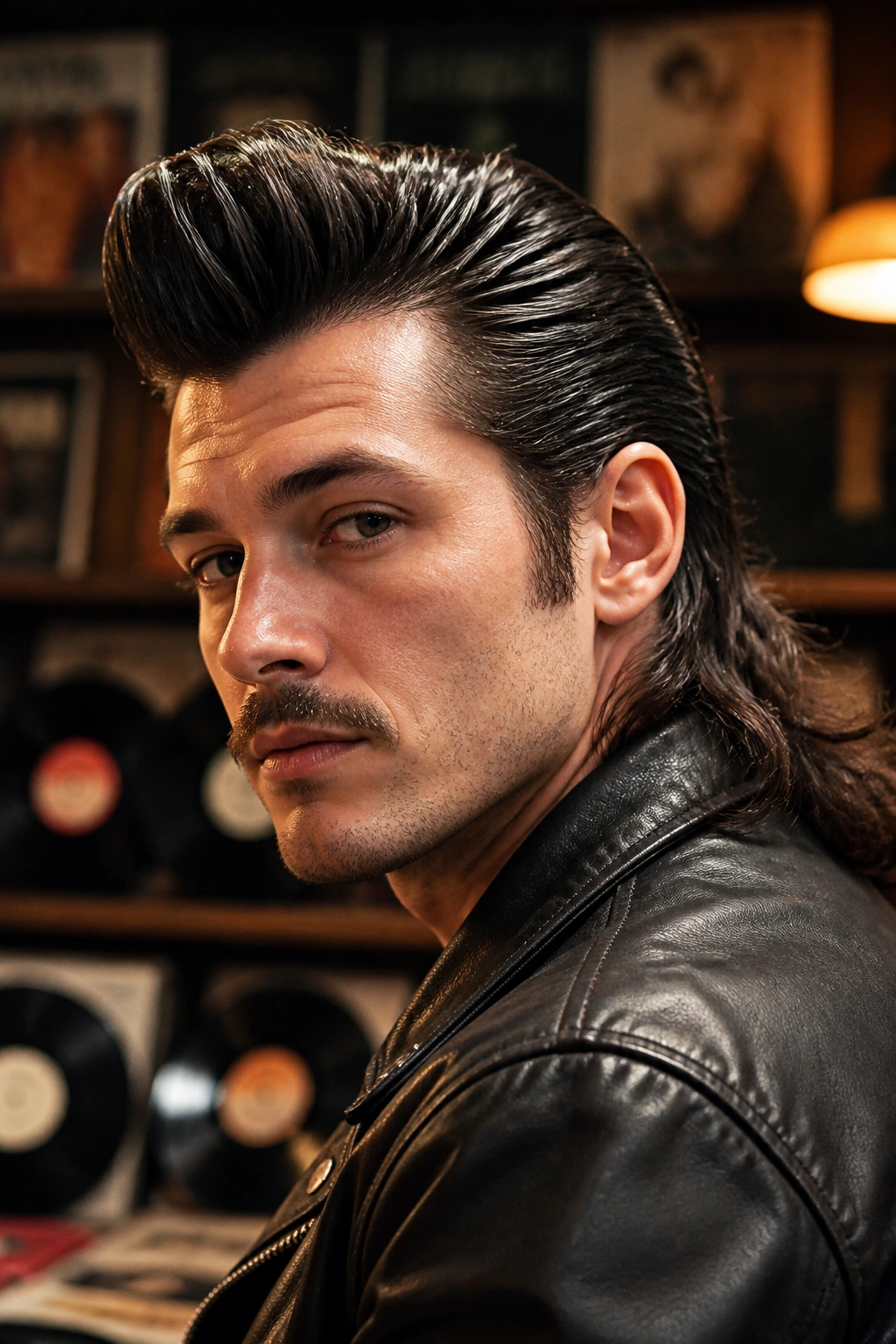 Man with rockabilly mullet in a retro lounge setting.