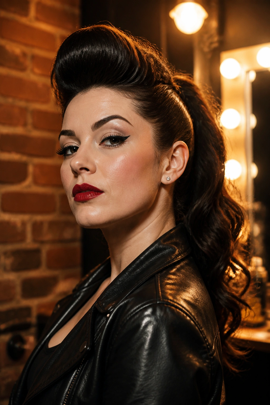 Real woman with rockabilly pompadour pony in backstage setting