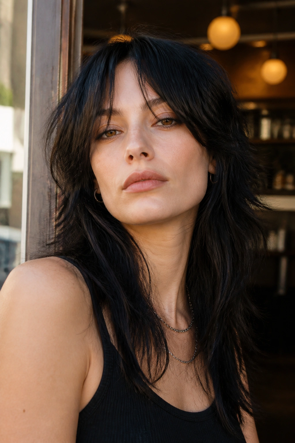 Real woman with rocker mullet and bottleneck bangs in urban café light
