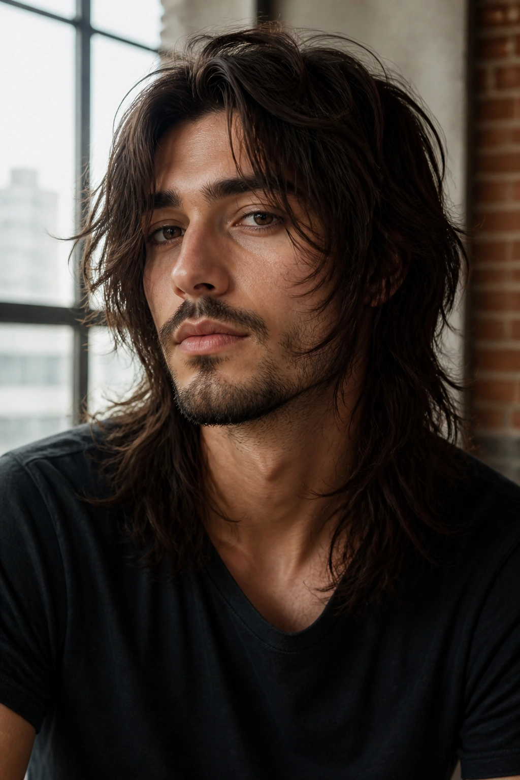 Portrait of a man with rocker shag and face-framing layers in urban setting
