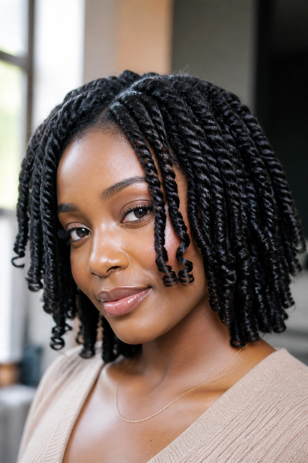 Close-up of twist-out with rod curls at the ends on a real person
