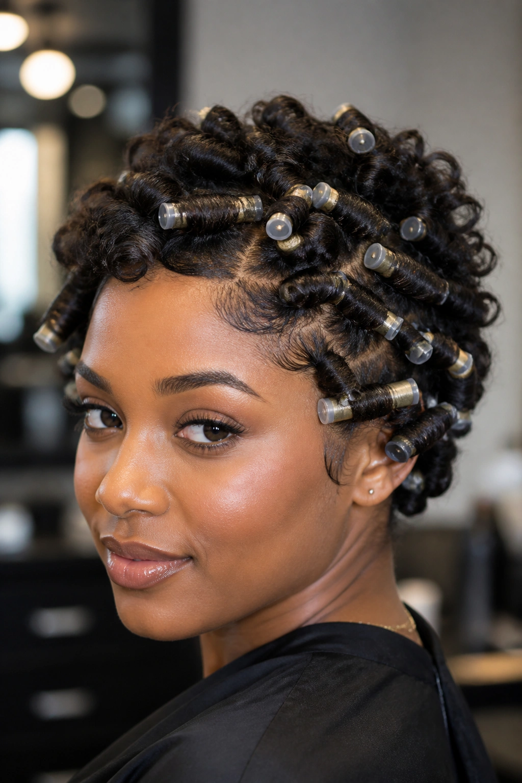 Close-up portrait of a person with rod-set curls and visible rods.