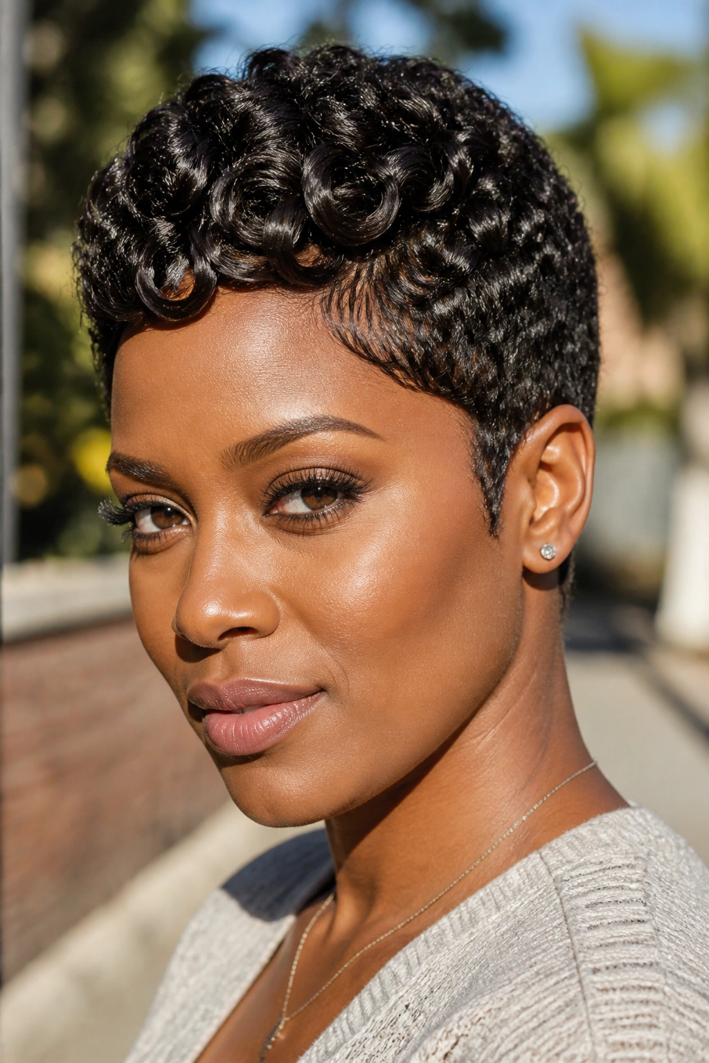 Close-up portrait of a Black woman with defined rod-set pixie curls
