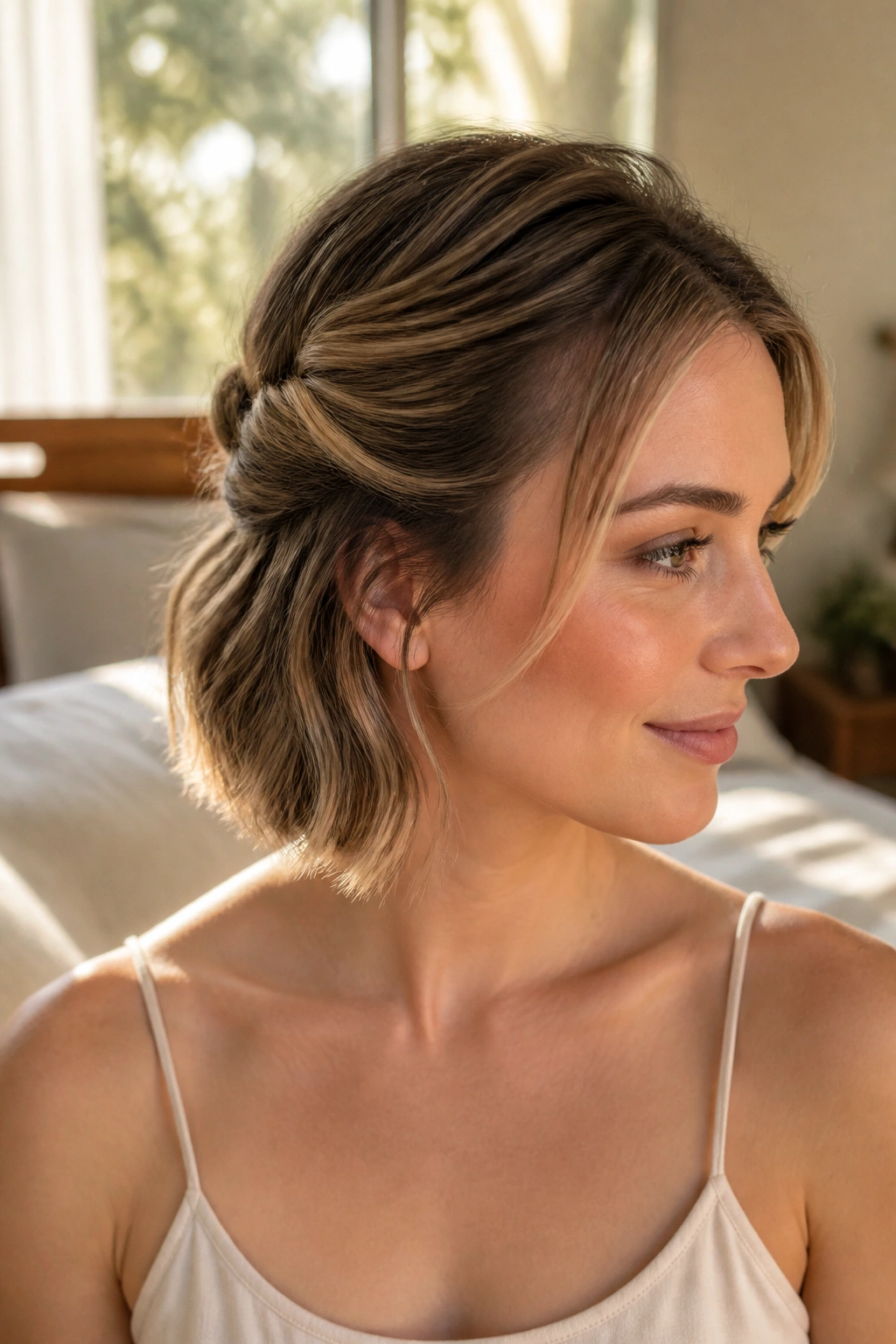 Close-up portrait of a real woman with a soft roll-back half-up hairstyle