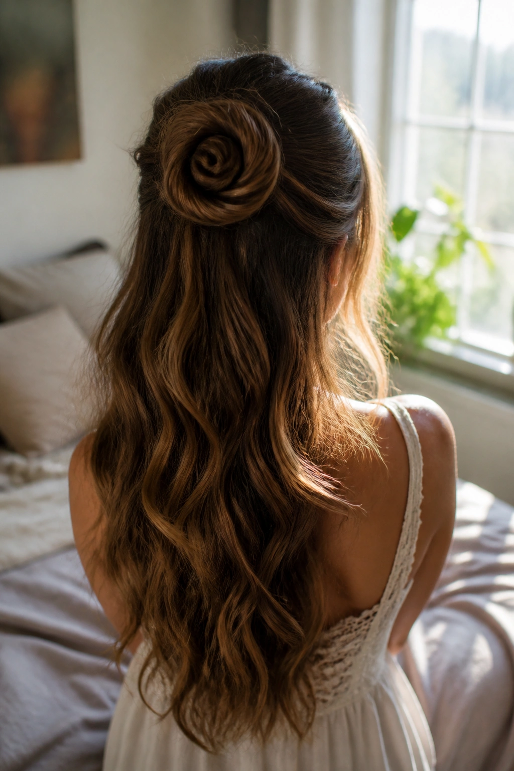 Back view of a real woman with roll-up bun waves in natural light