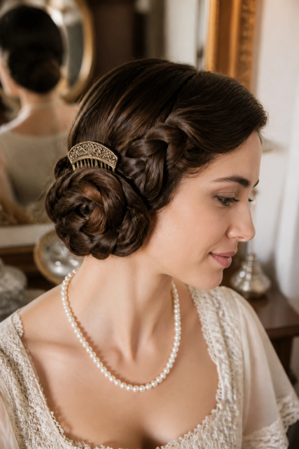 Profile of a woman with a rolled side braid adorned with a decorative comb.