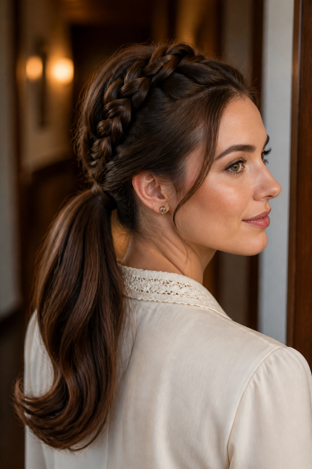 Close-up of a real woman with a rolled braid leading into a ponytail.