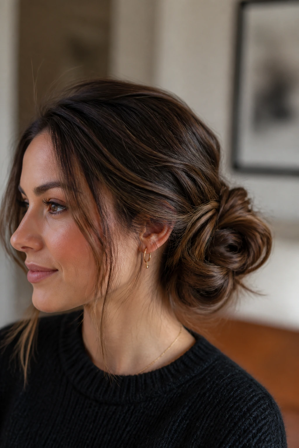 Shoulder-length hair rolled into a layered side bun on a real woman