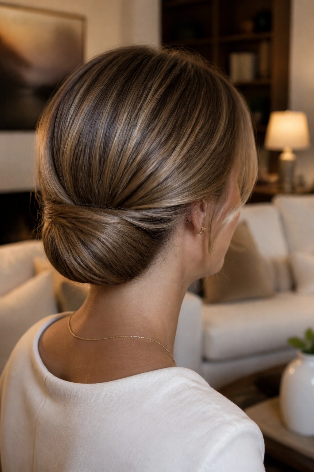 Rear three-quarter view of a real woman with a rolled chin-length chignon tucked at the nape.