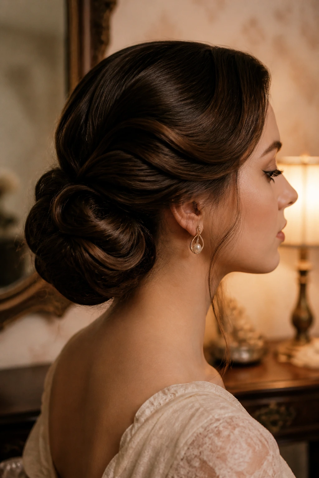 Side profile of a real woman with rolled chignon at the nape.