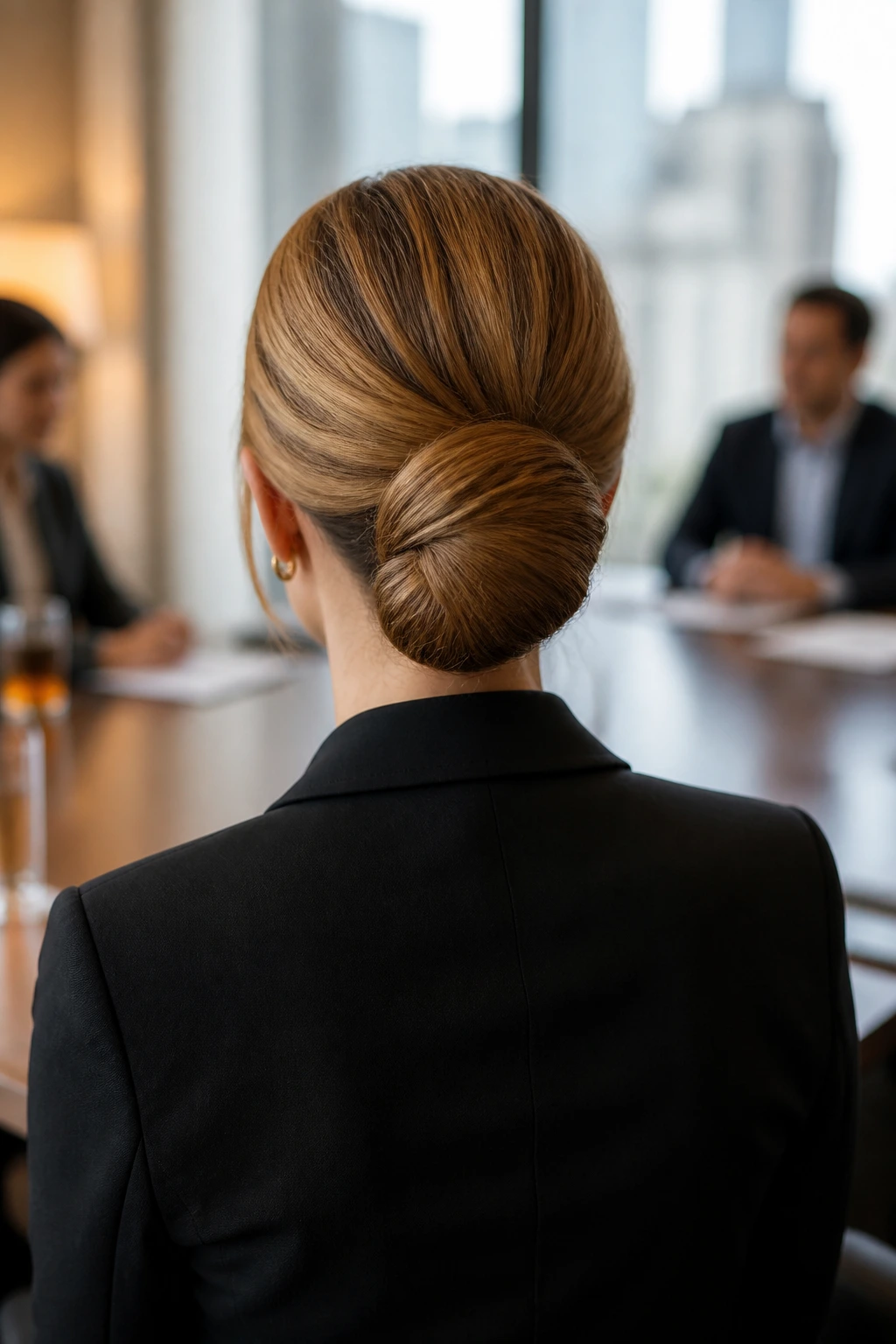 Back-of-head view of a real woman with a rolled chignon at the nape in a conference room.