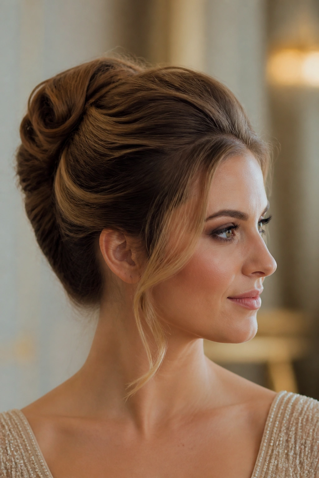 Close-up portrait of a real woman wearing a rolled French twist with loose front pieces in warm ambient light.