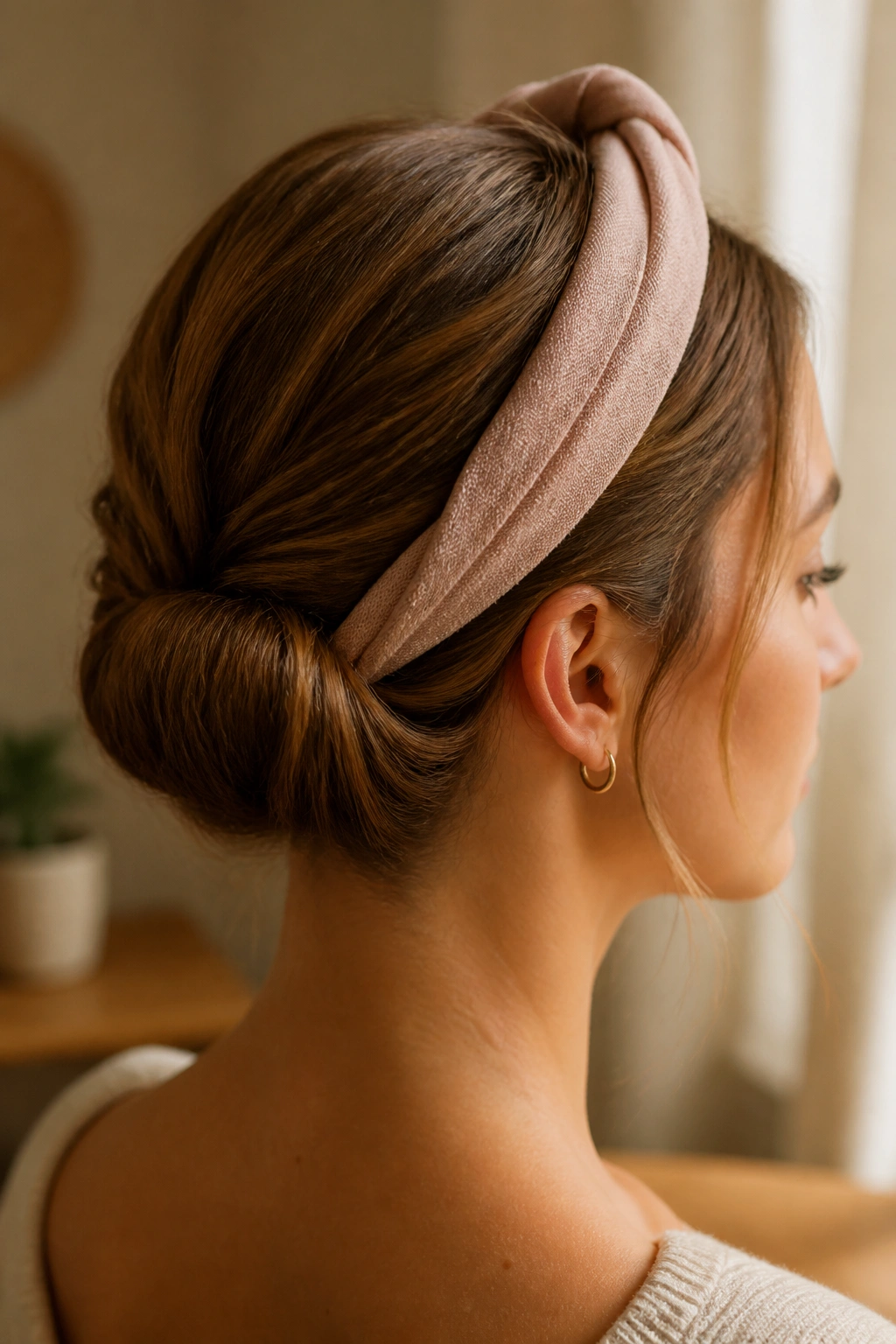 Close-up of a woman with a rolled headband updo