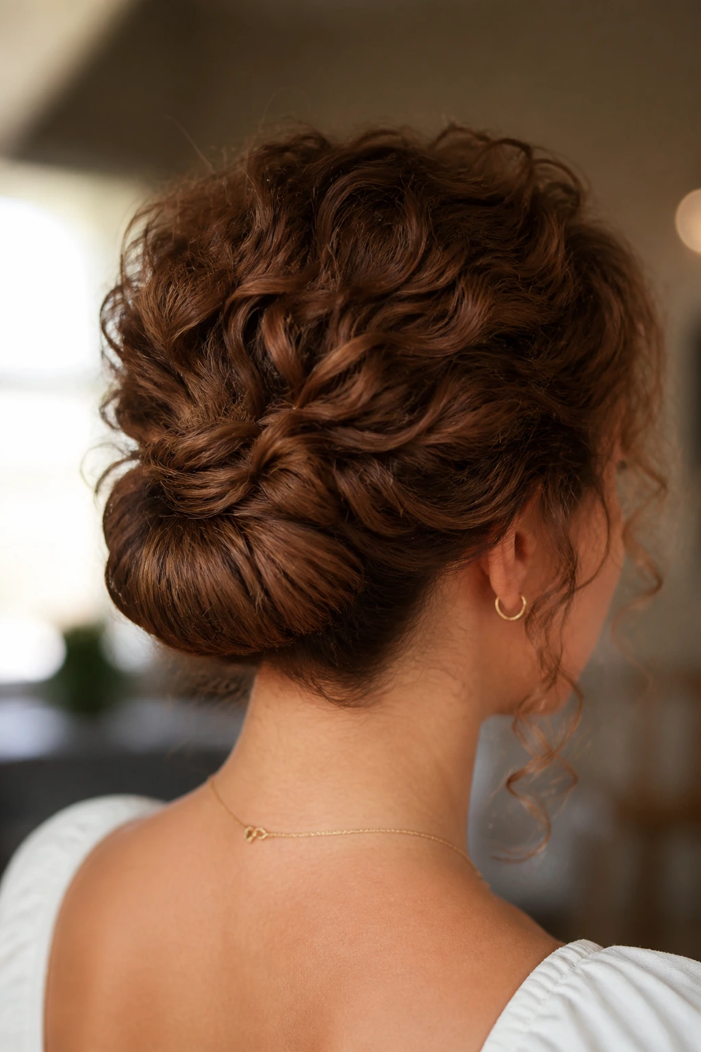 Back view of real woman with rolled nape updo and lifted crown