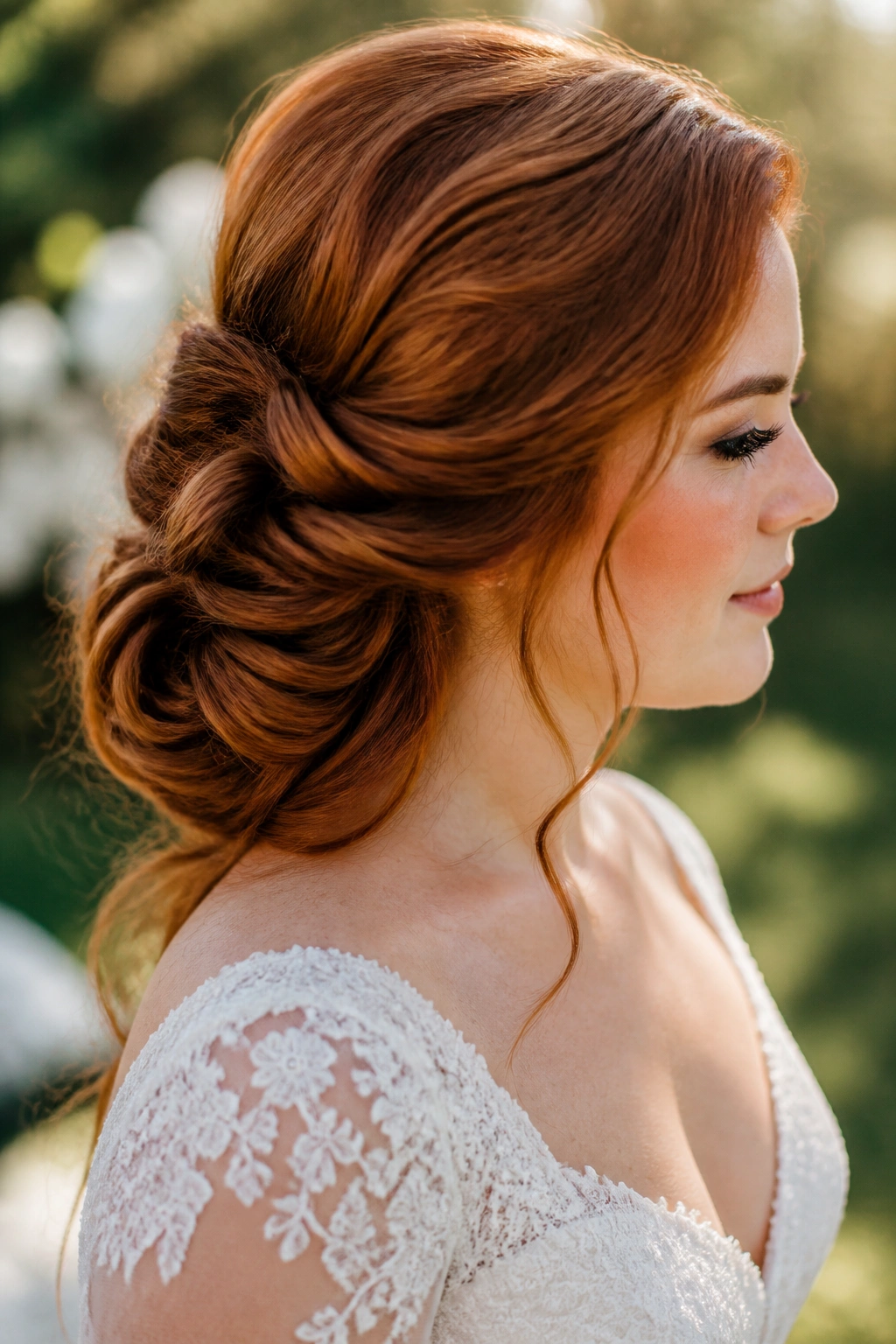 Close-up side profile of a real bride with a rolled side bun on auburn hair.
