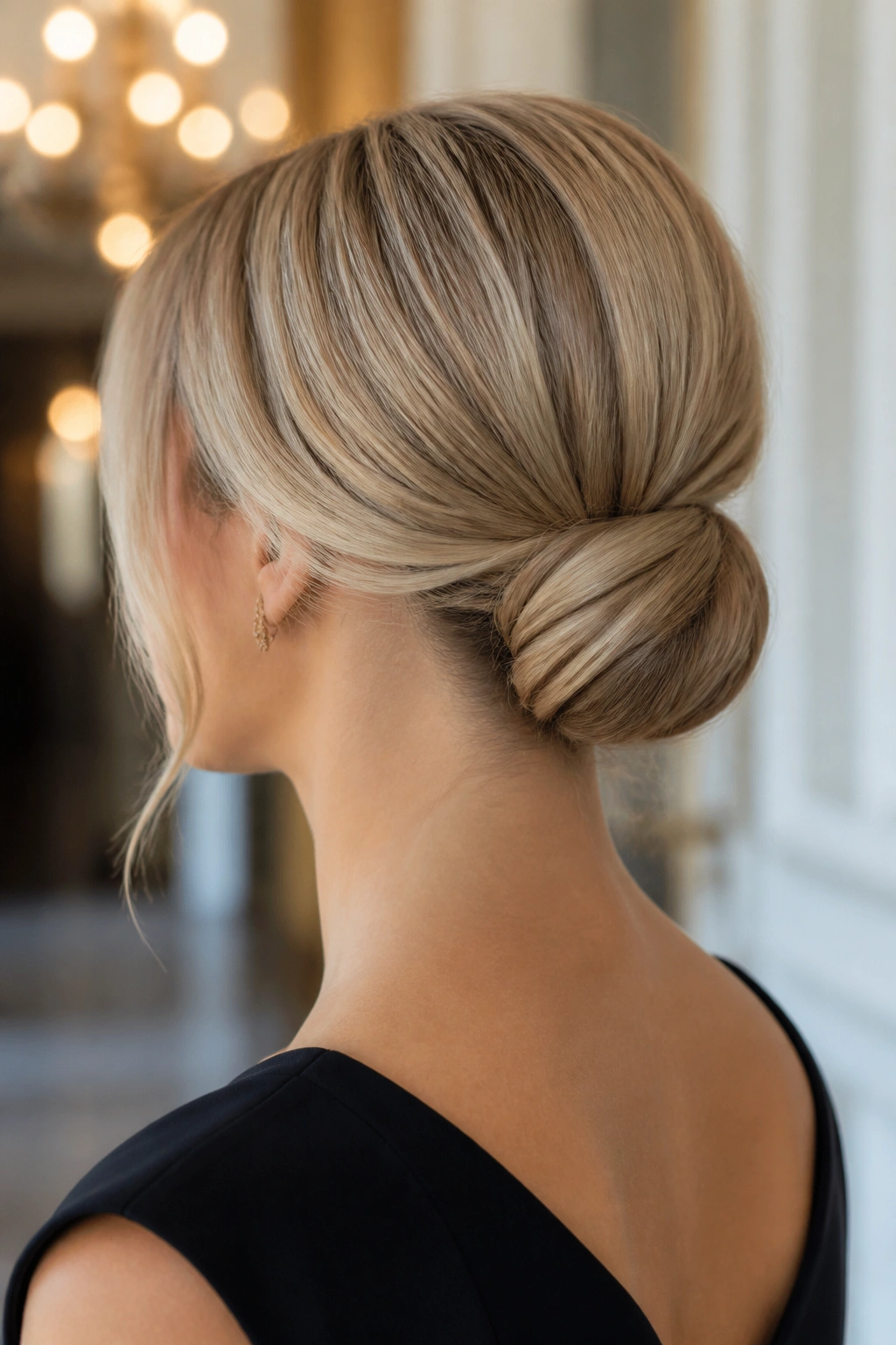 Close-up of a real woman with a rolled tuck-under updo at the nape.